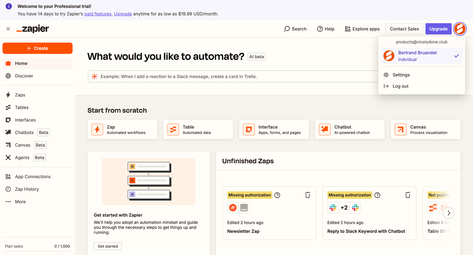 Zapier - Home | Zapier screen
