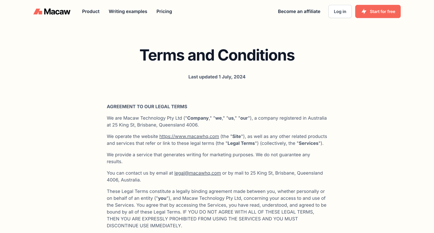 Macaw - Terms and Conditions screen