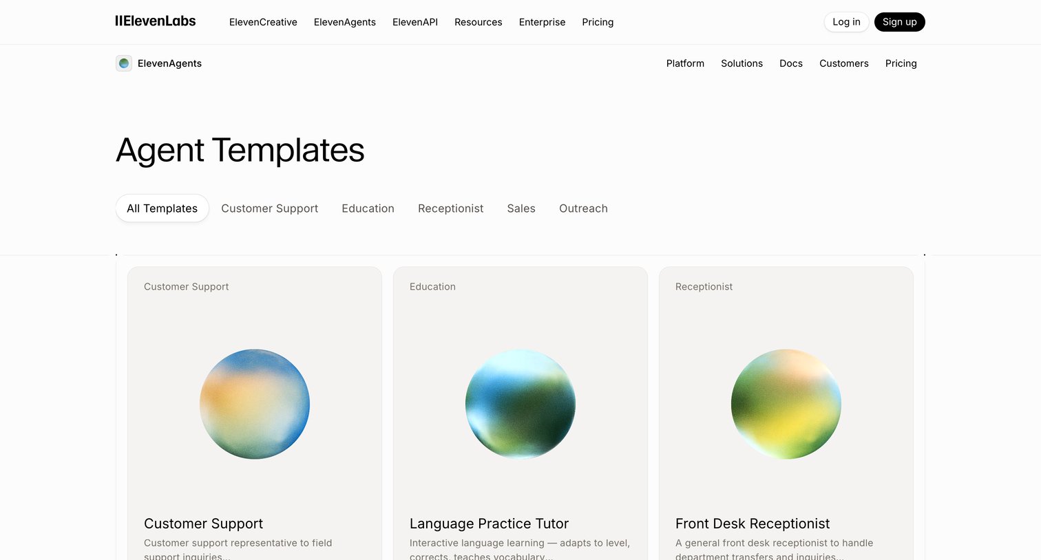 Elevenlabs - Free AI Agent Templates and Examples  Create your agent screen