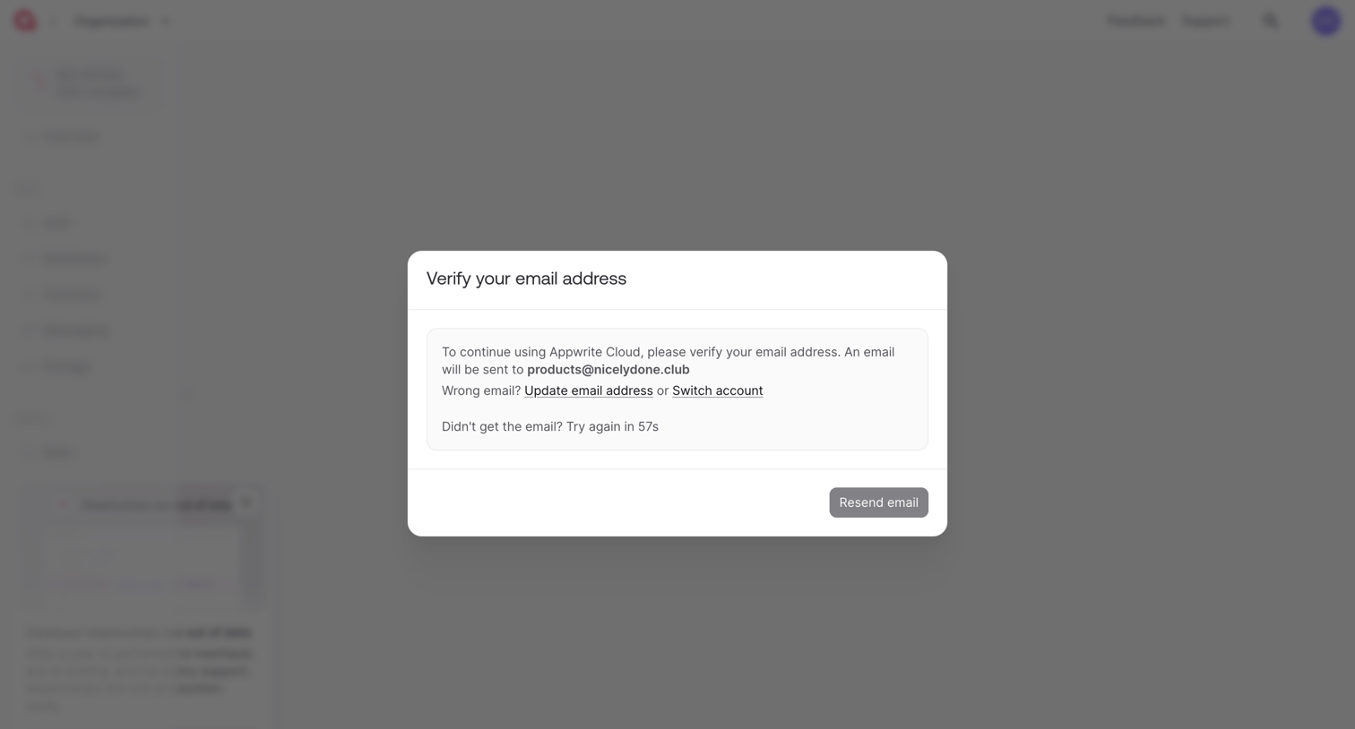 Appwrite - Verify Email - Appwrite screen