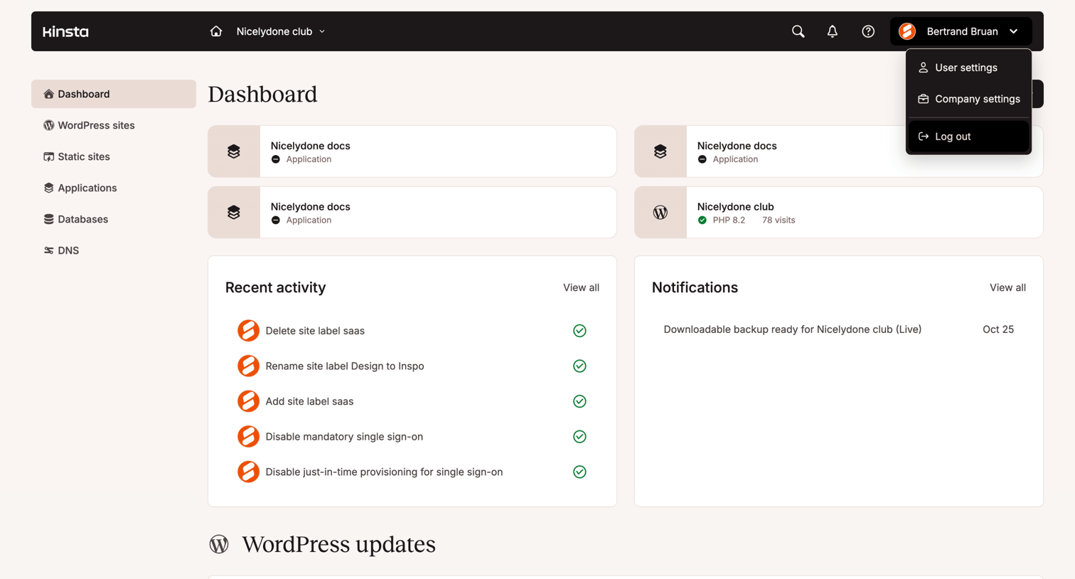 Kinsta - Dashboard - MyKinsta screen