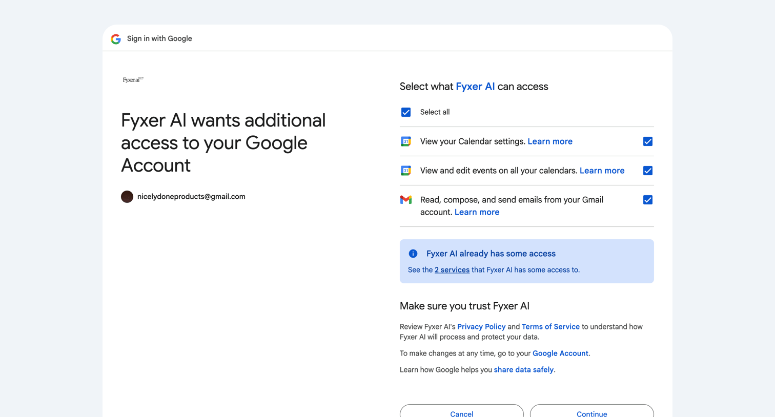 Fyxer - Sign in - Google Accounts screen