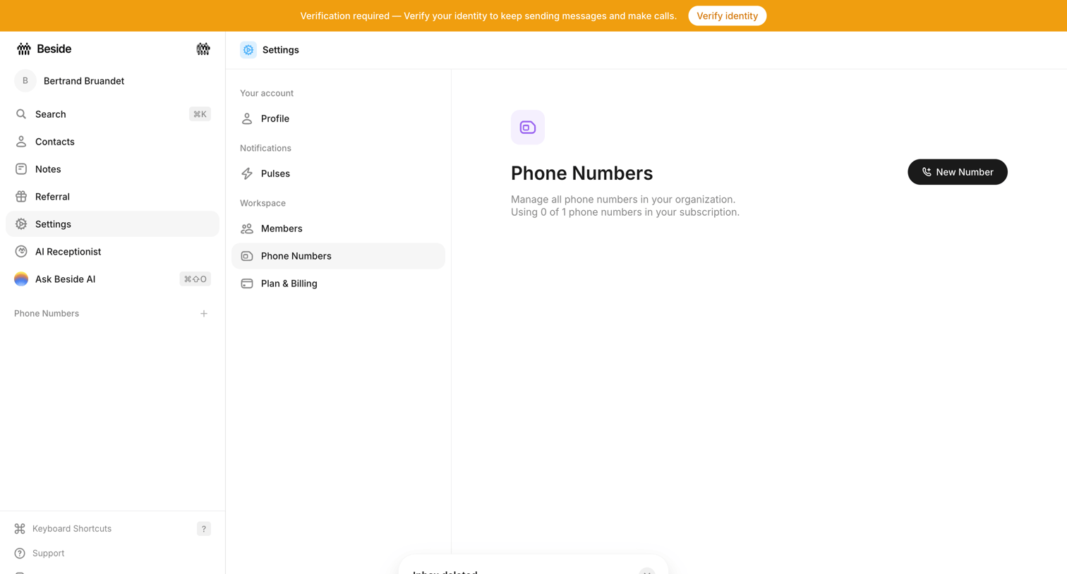 Beside - Phone Numbers - Settings - Beside screen