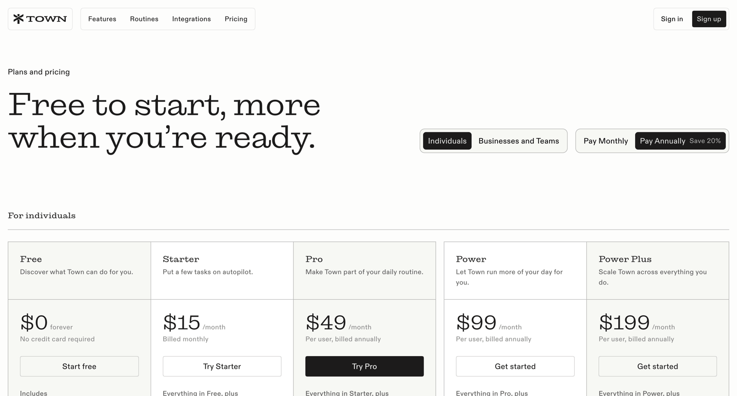 Town - Pricing screen