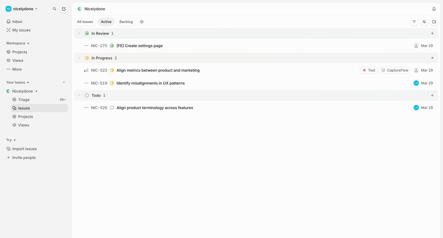 Linear - Nicelydone › Active issues screen