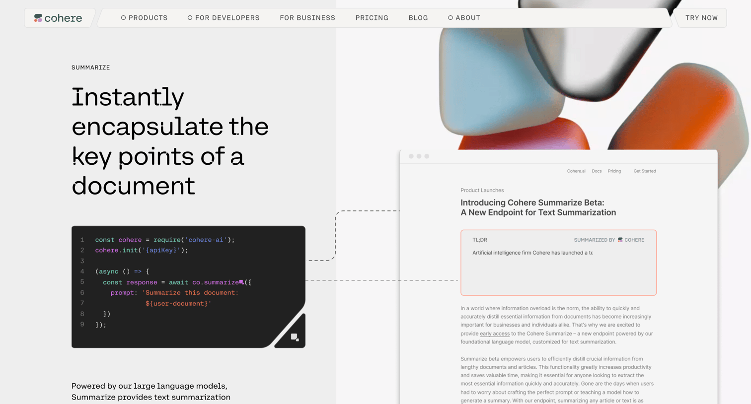 Cohere - Summarize - Instant Text Summarization with LLMs | Cohere screen
