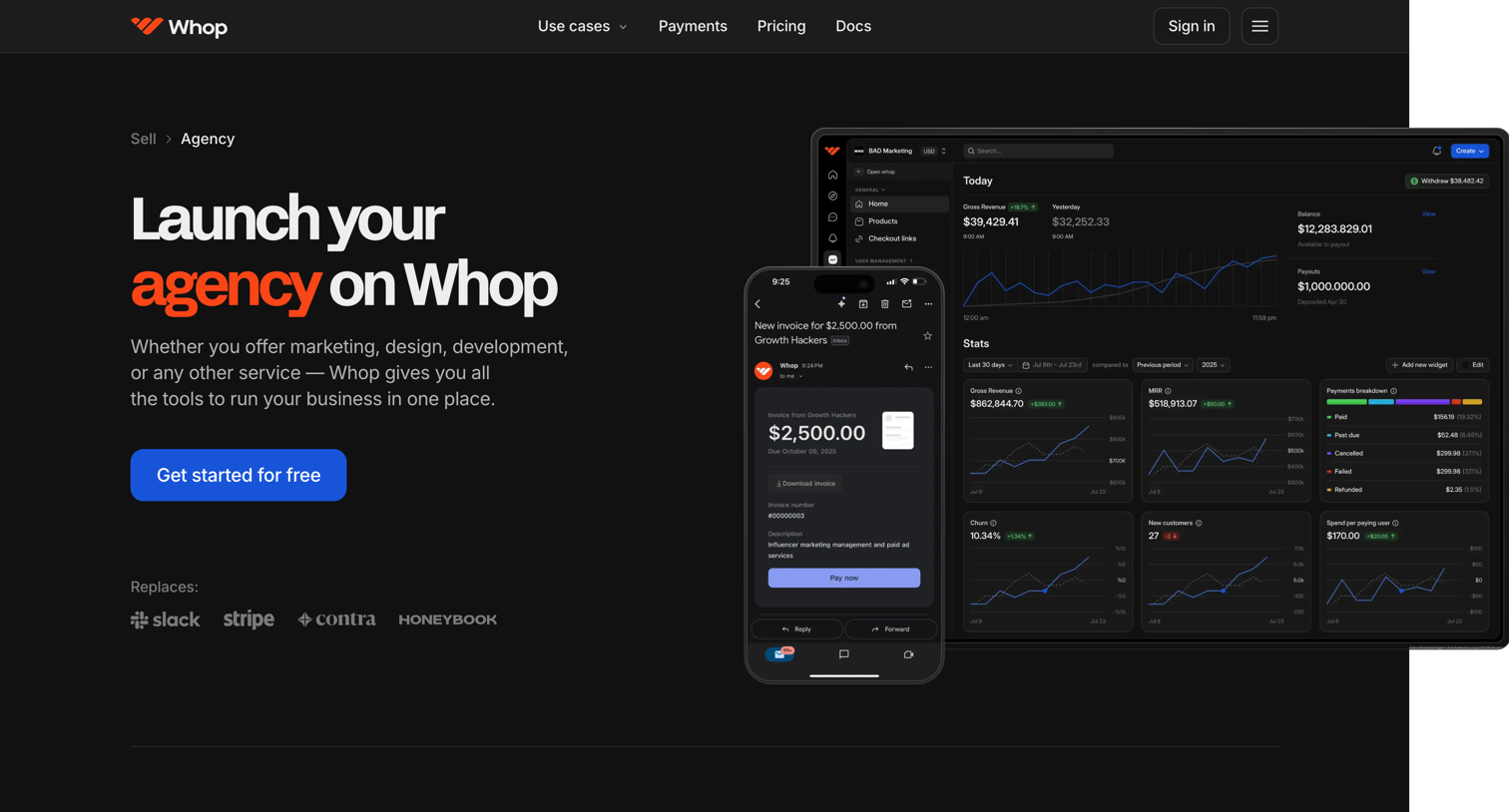 Whop - Launch, run, and scale an agency online with Whop  Whop screen
