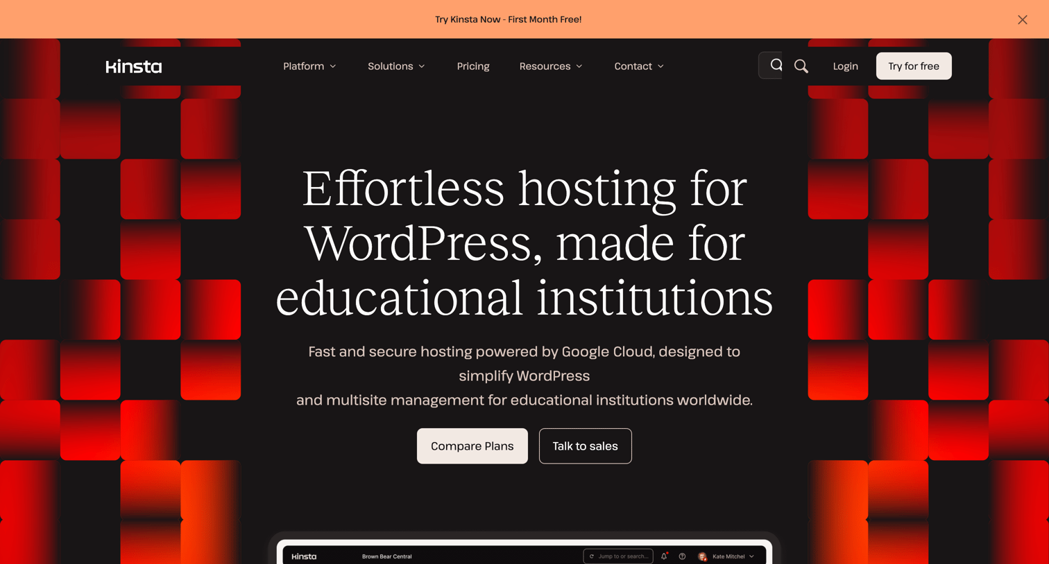 Kinsta - WordPress Hosting for Education - Powered by Kinsta® screen