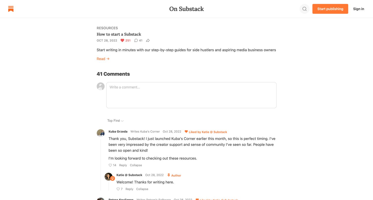 Substack - Comments - How to start a Substack - On Substack screen