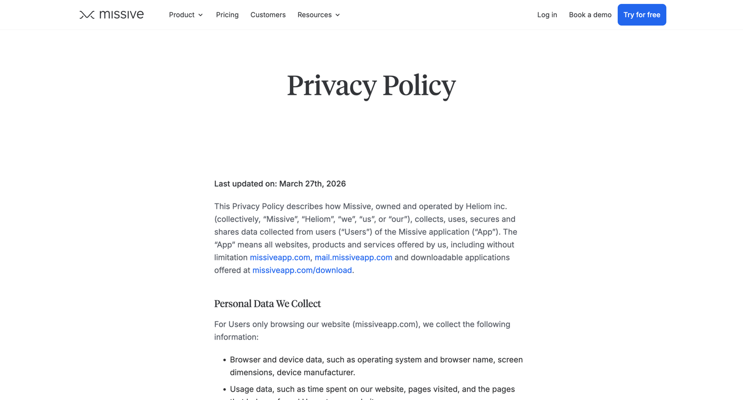 Missive - Privacy Policy · Missive screen