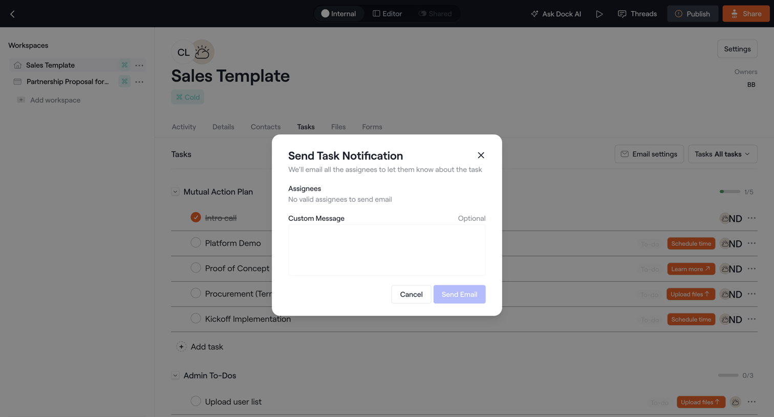 Dock - Internal · Sales Template screen