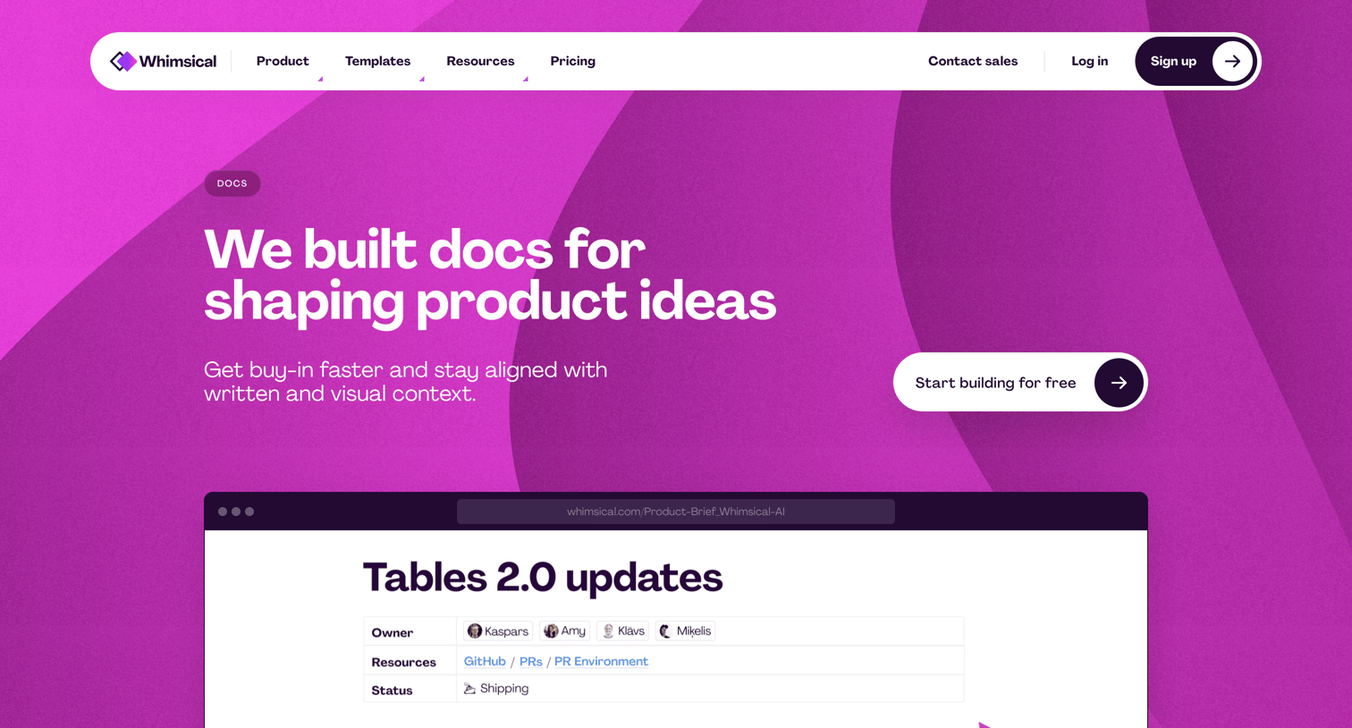 Whimsical - Docs for shaping product ideas screen