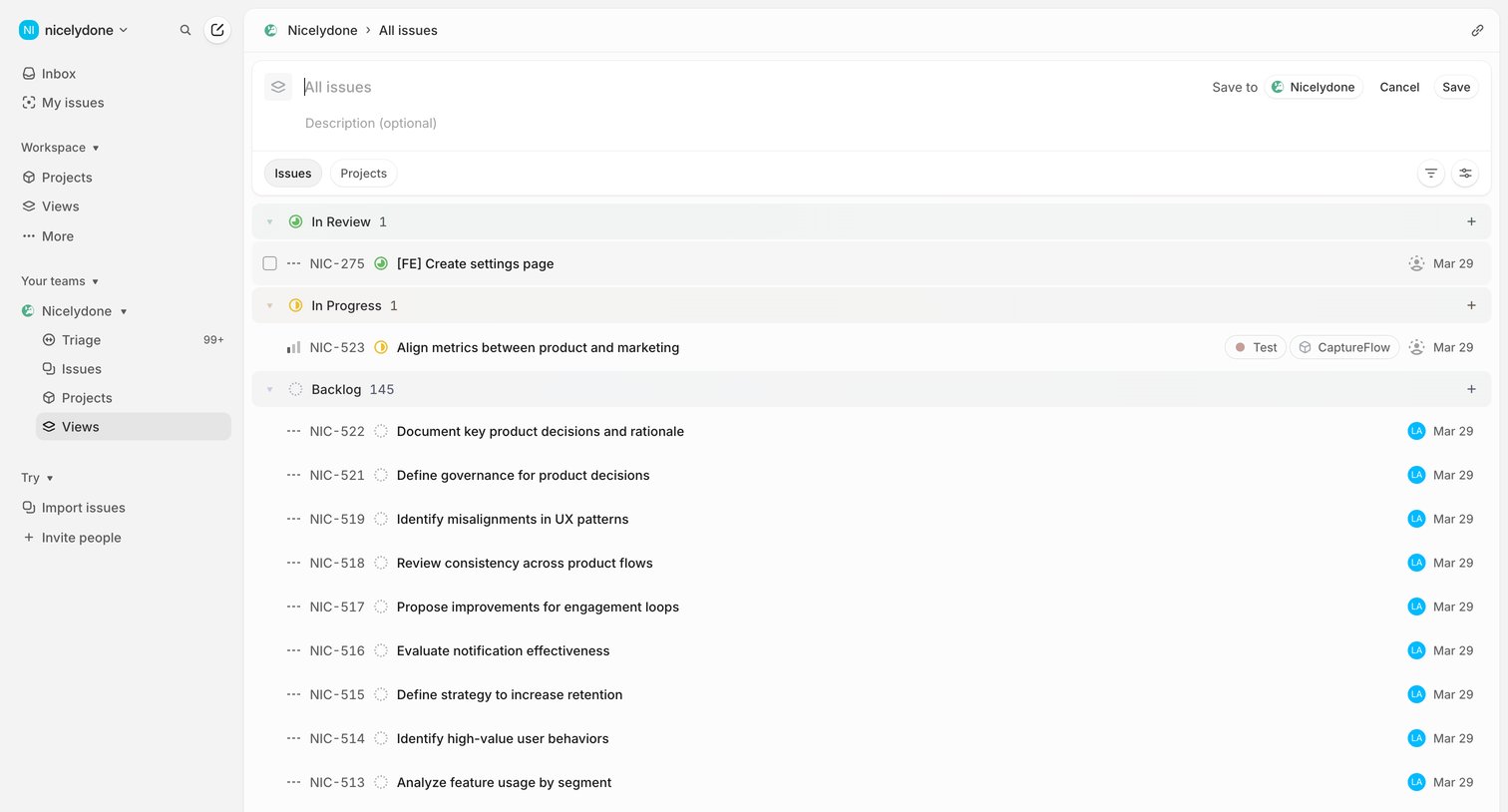 Linear - New view screen
