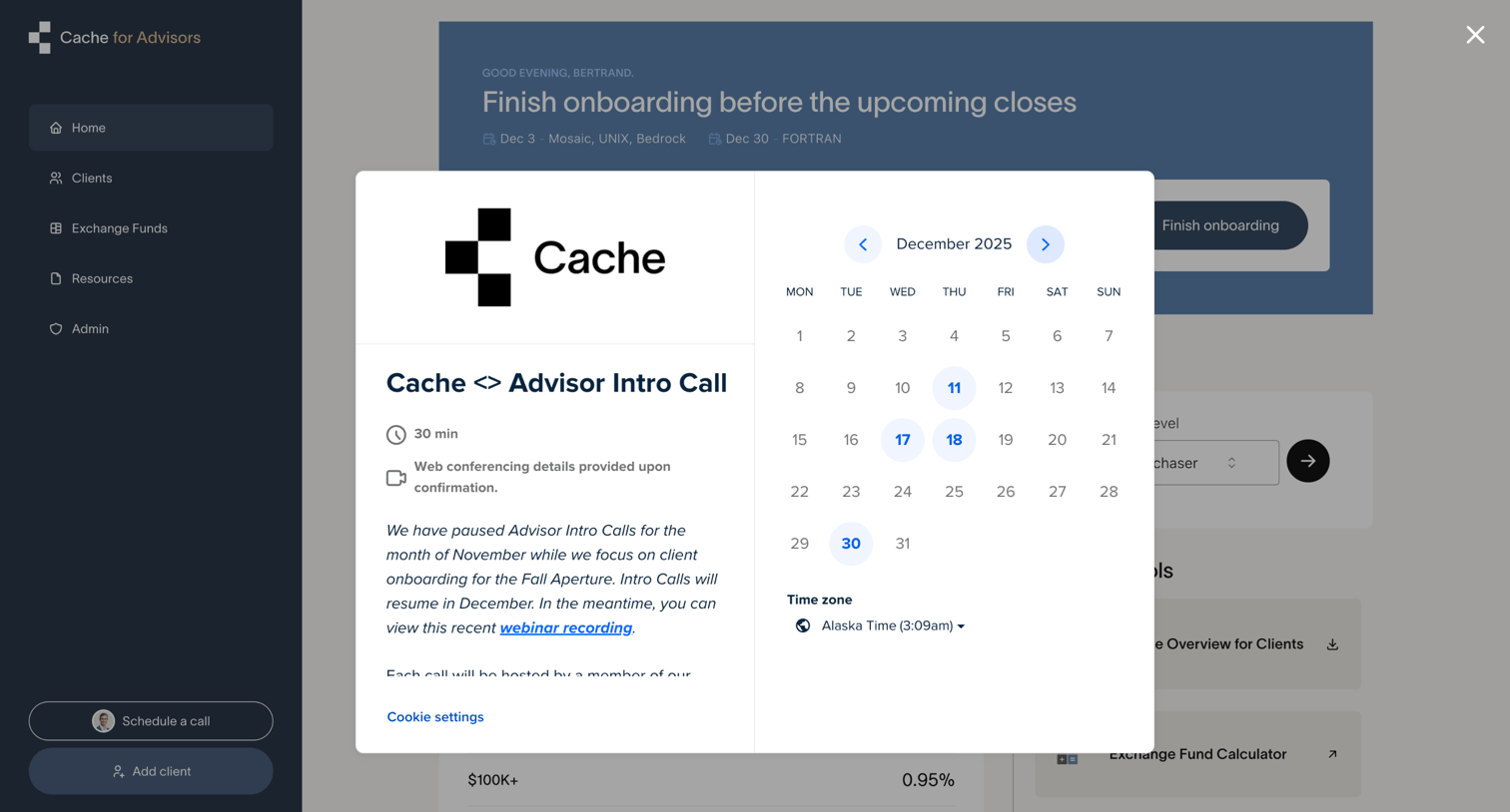 Cache - Cache – Client dashboard | Cache for Advisors screen