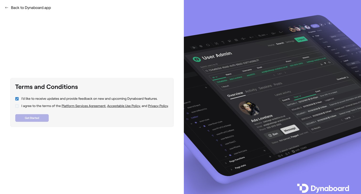 Dynaboard - Terms of Service • Dynaboard screen