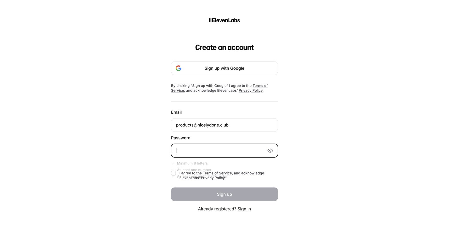 Elevenlabs - Sign Up | ElevenLabs screen