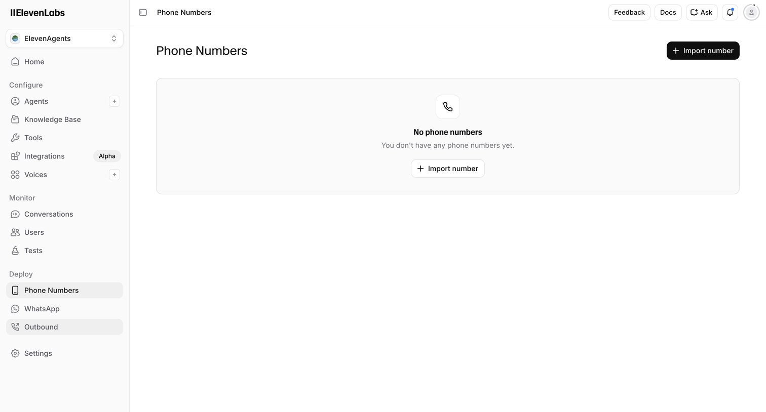 Elevenlabs - Phone Numbers | ElevenLabs screen