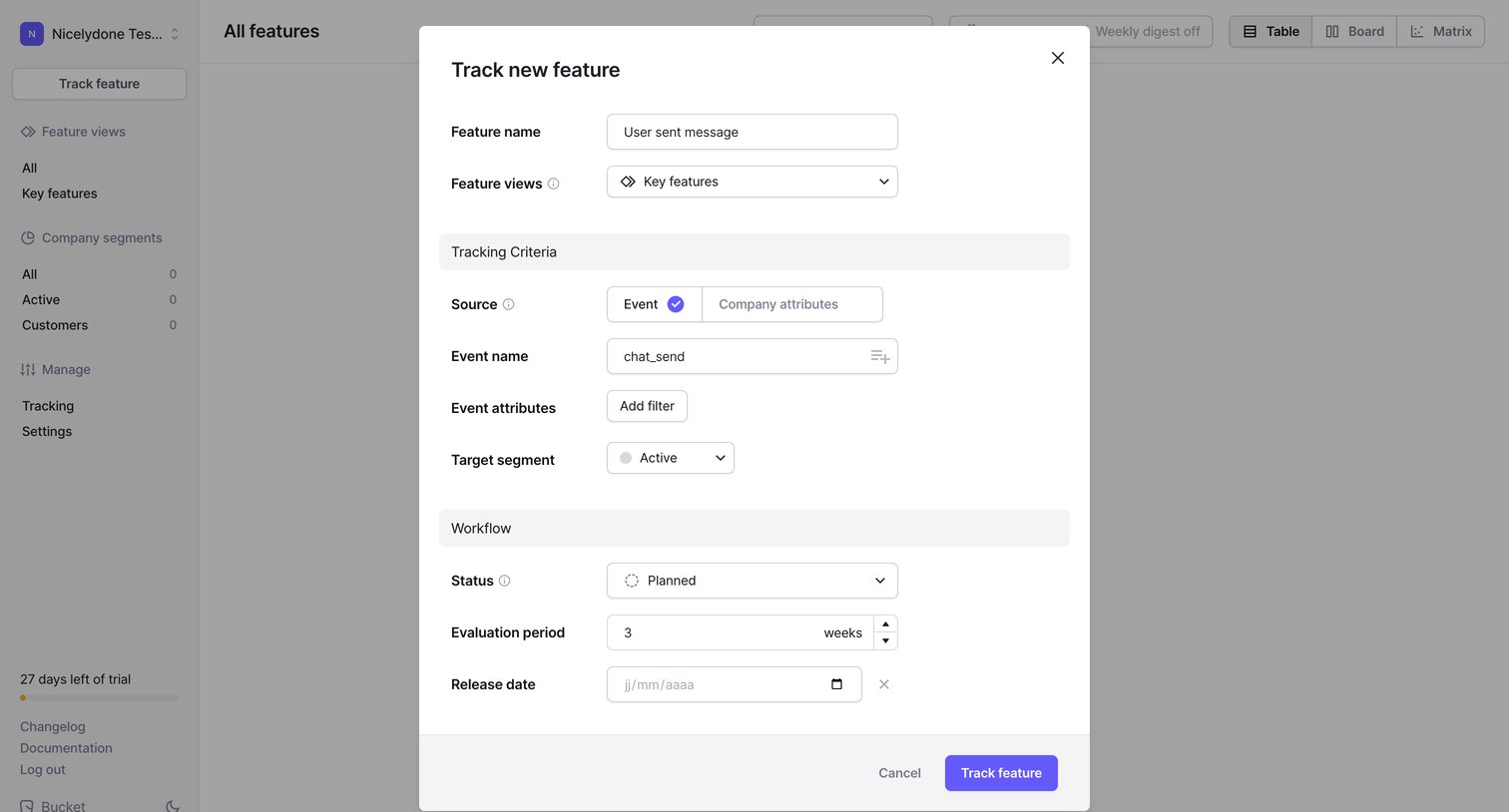 Bucket - Features › All Features screen