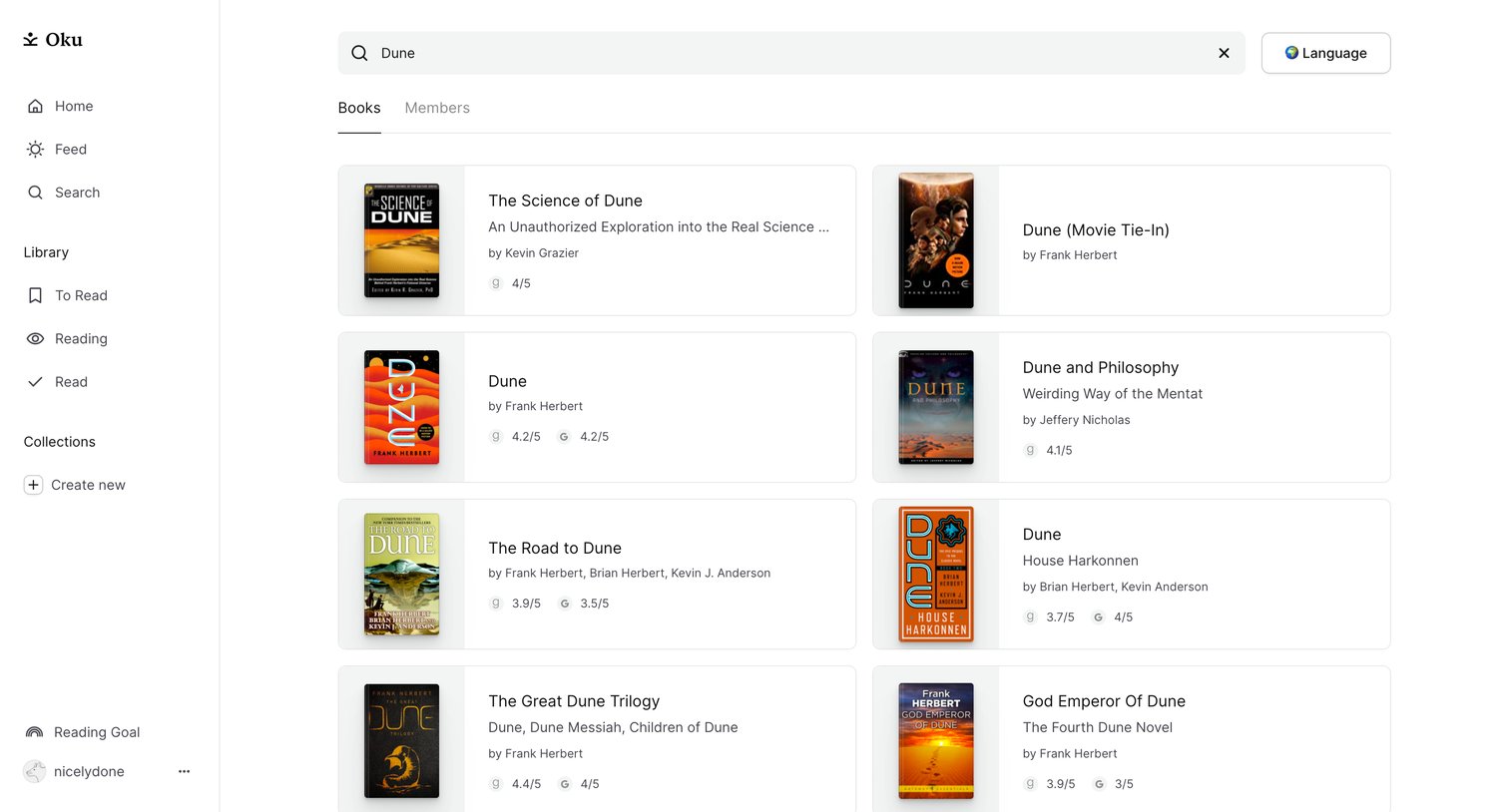 Oku - Search for books or authors Oku screen