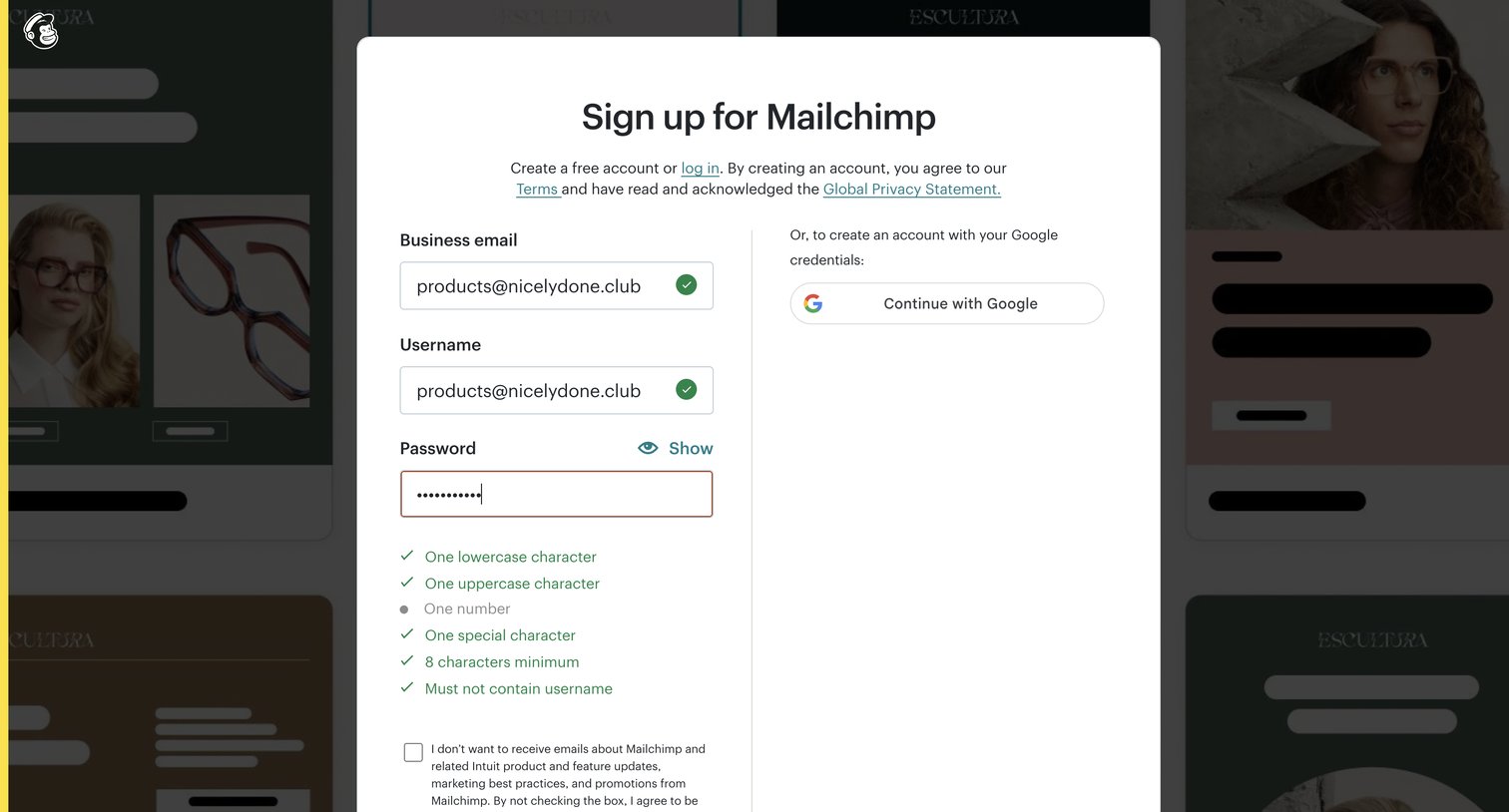 Mailchimp - Sign Up for Mailchimp screen