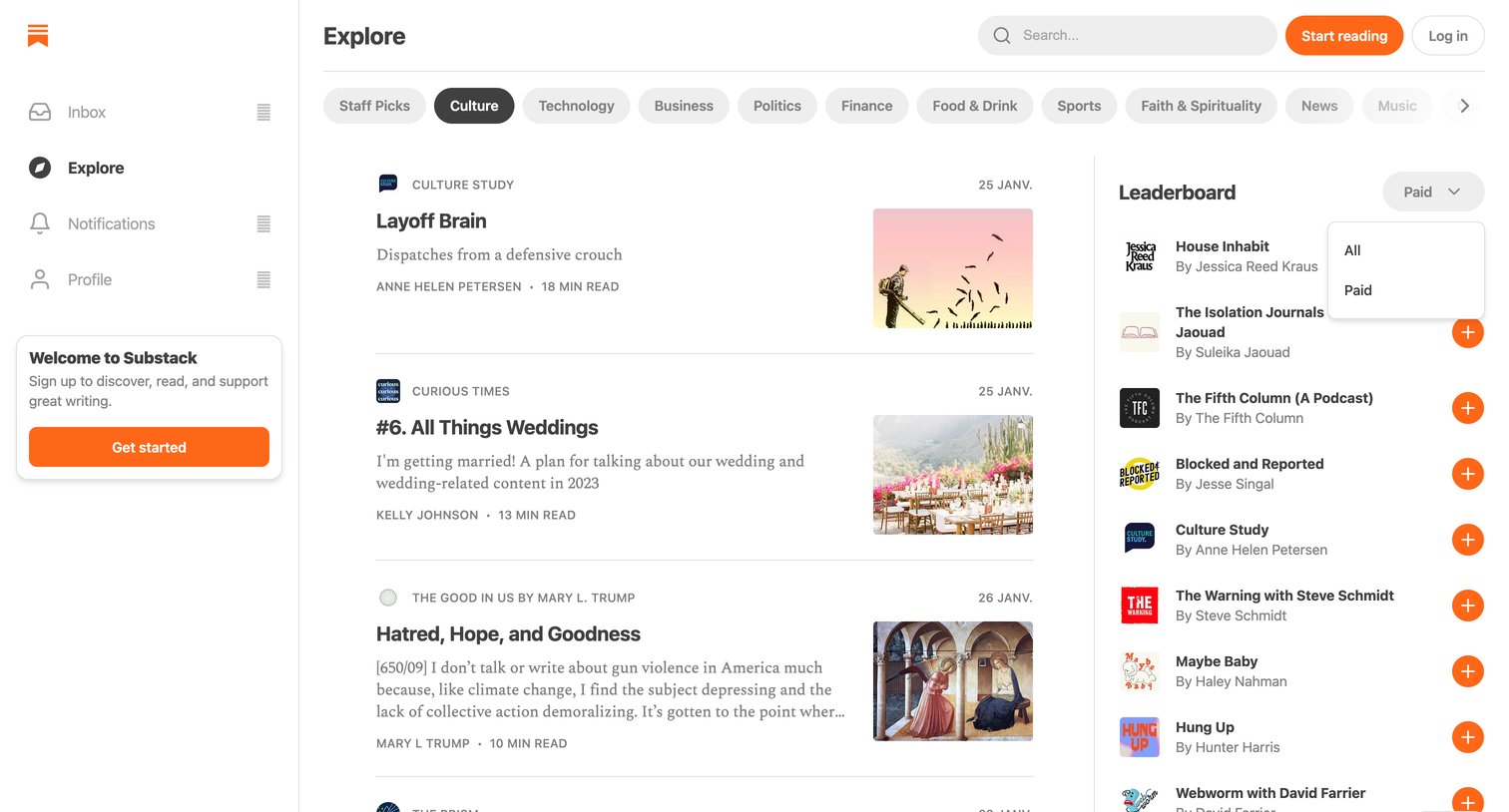 Substack - Explore Newsletters | Substack screen