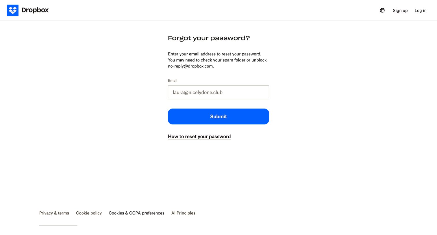 Dropbox - Dropbox - Reset your password screen