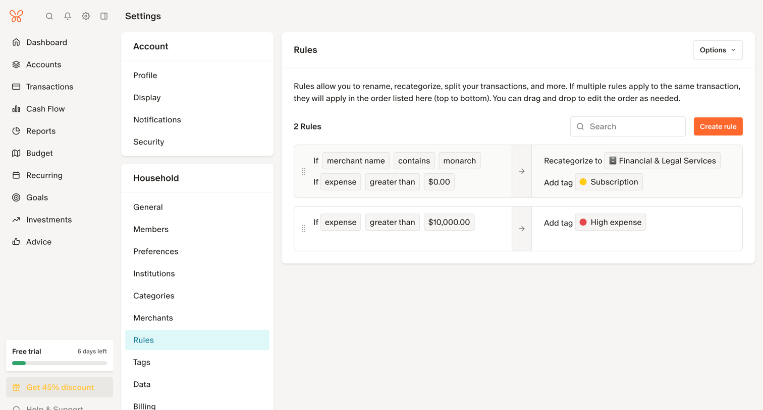 Monarch - Rules Settings screen