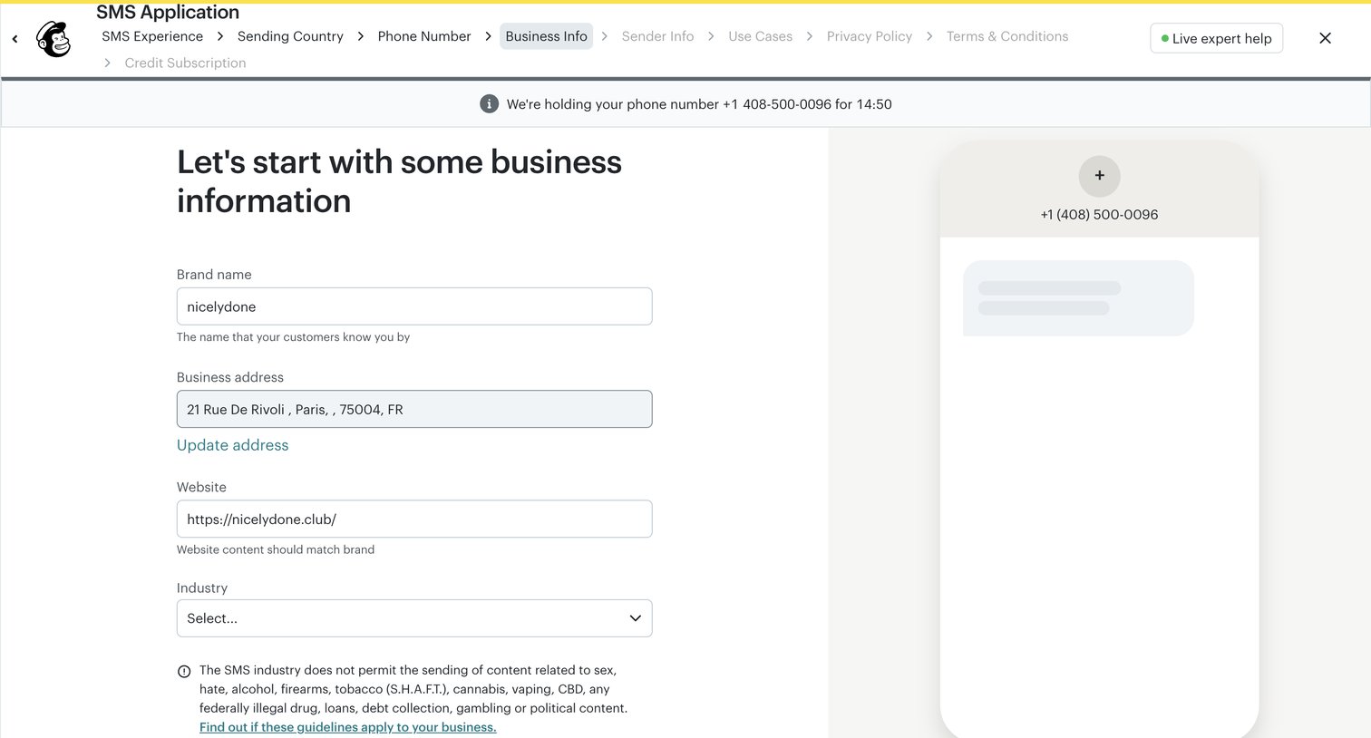 Mailchimp - Let's start with some business information - SMS Channel Setup | Mailchimp screen