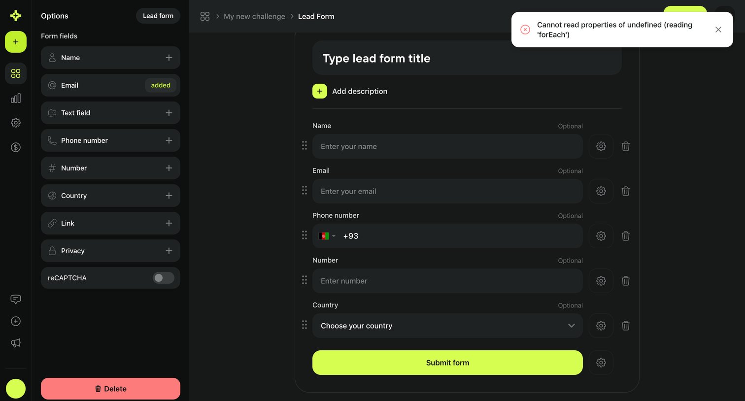 Meiro - Lead form · My new challenge · Meiro screen