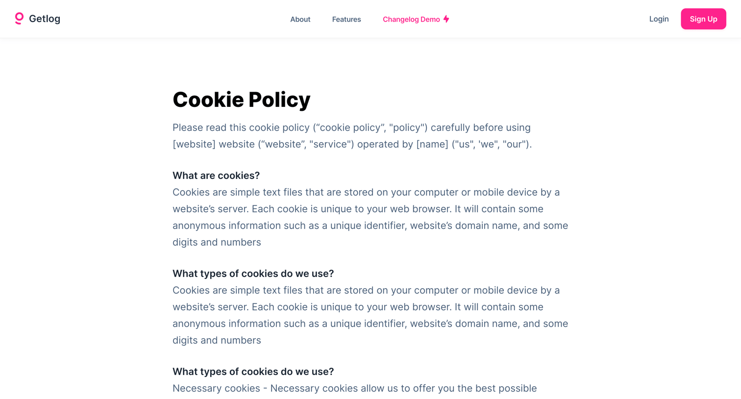 Getlog - Getlog - Cookies policy screen