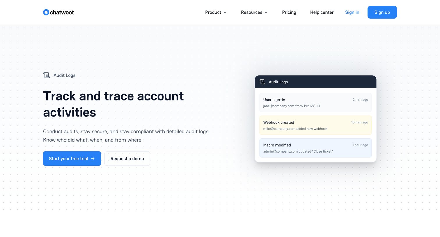 Chatwoot - Audit Logs  Chatwoot screen
