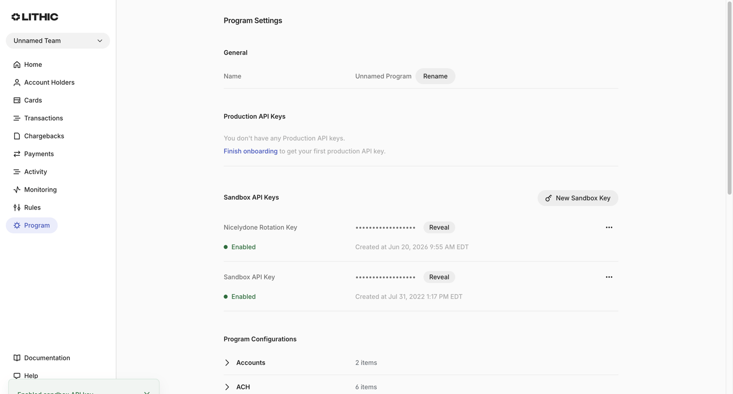 Lithic - Lithic - Program Settings screen