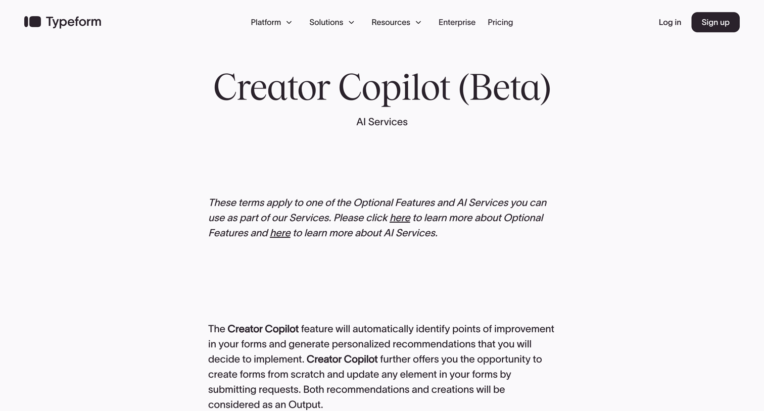 Typeform - Creator Copilot (Beta) screen