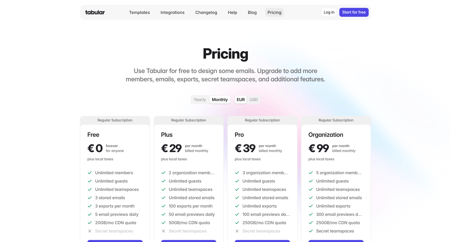 Tabular - Pricing - Tabular screen