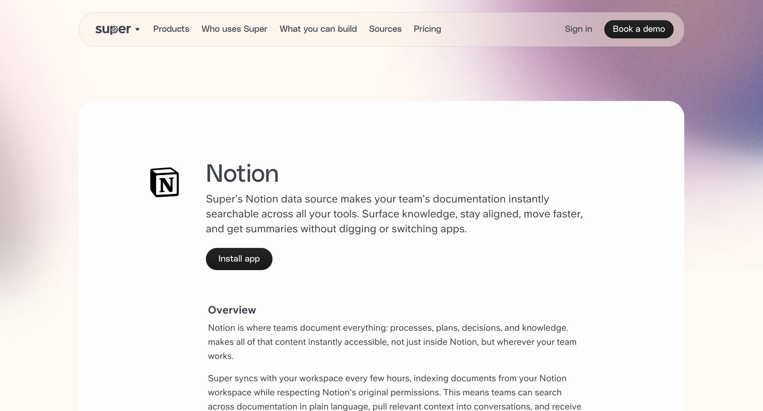 Super - Notion data source for Super Searchable company knowledge, instantly screen