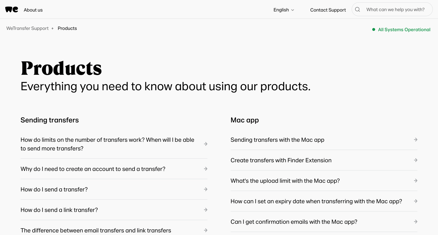 WeTransfer - Products – WeTransfer Support screen