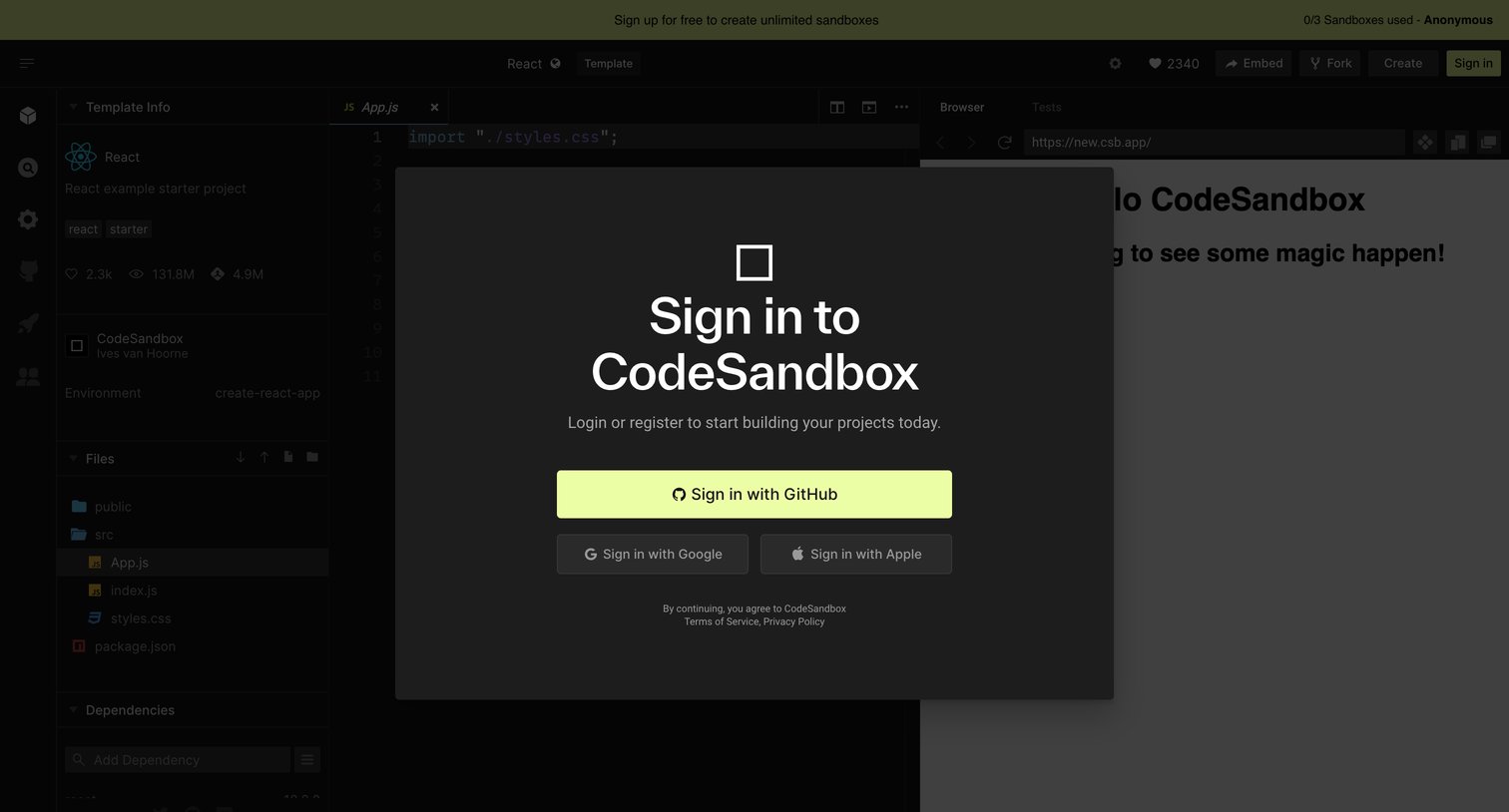 CodeSandbox - React - CodeSandbox screen