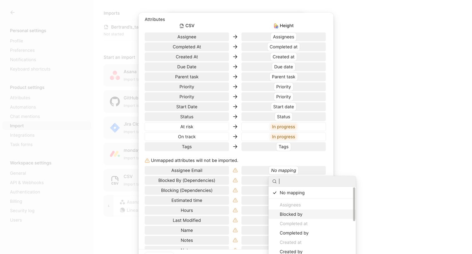 Height - Import - Height screen