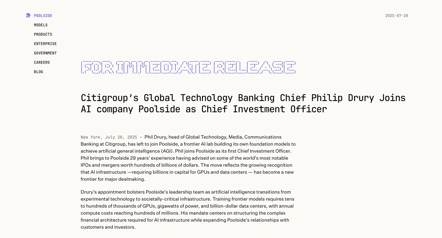 Poolside - Citigroup’s Global Technology Banking Chief Philip Drury Joins AI company Poolside as Chief Investment Officer — Poolside screen