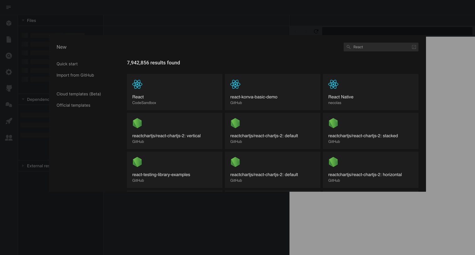 CodeSandbox - Create a new Sandbox - CodeSandbox screen