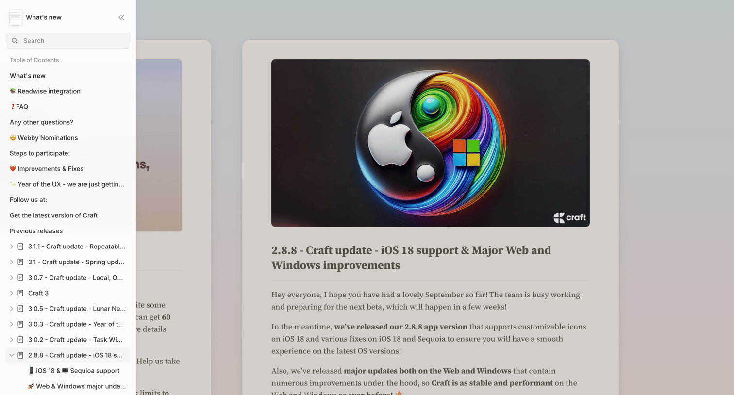 Craft - What's new screen