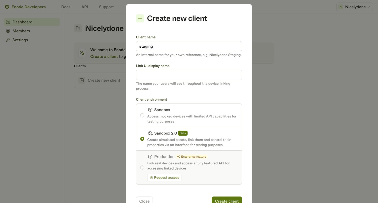Enode - Enode Developers screen