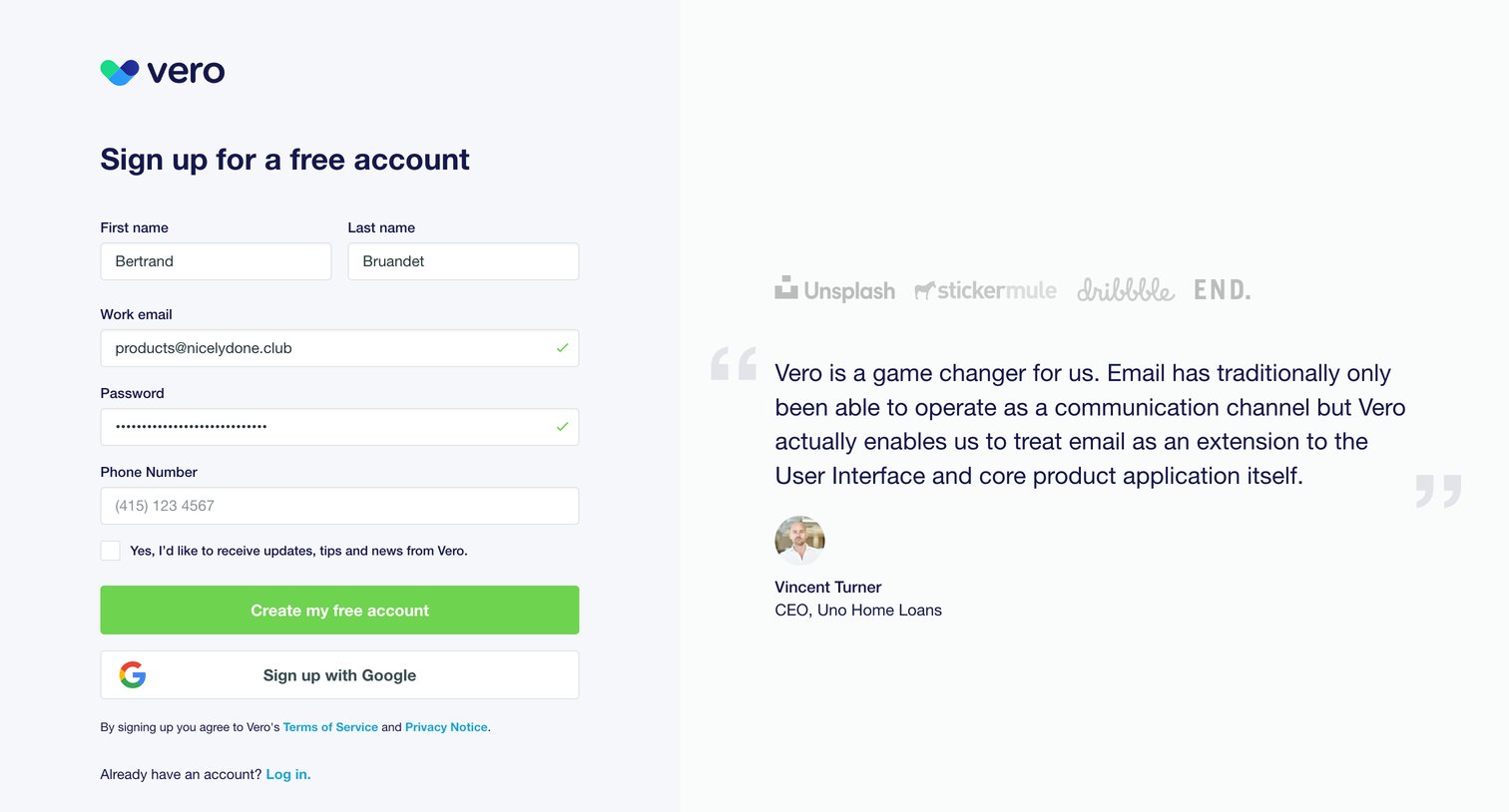 Vero - Sign up for your your email marketing account | Vero screen