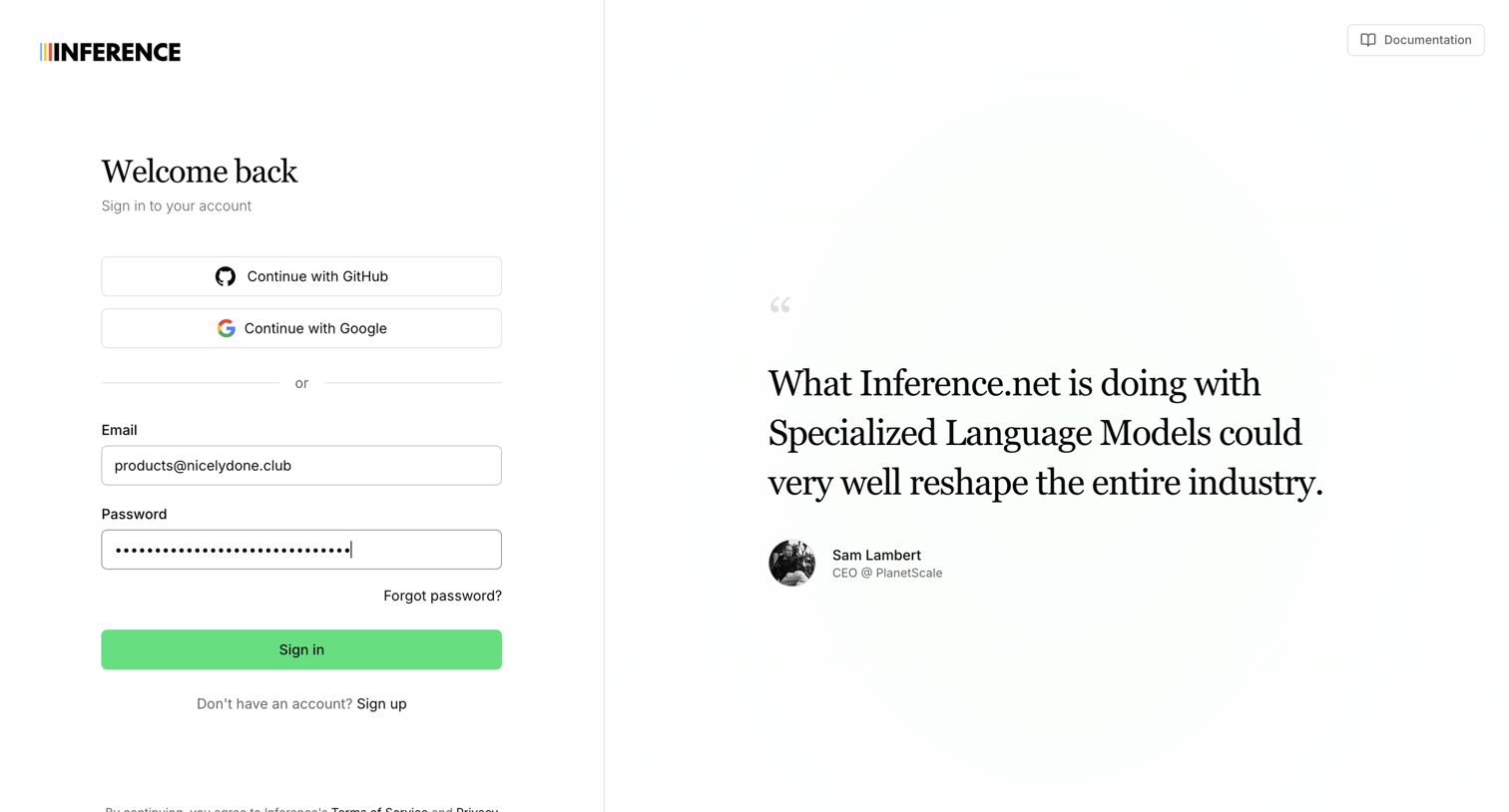 Inference - Sign In | Inference.net screen