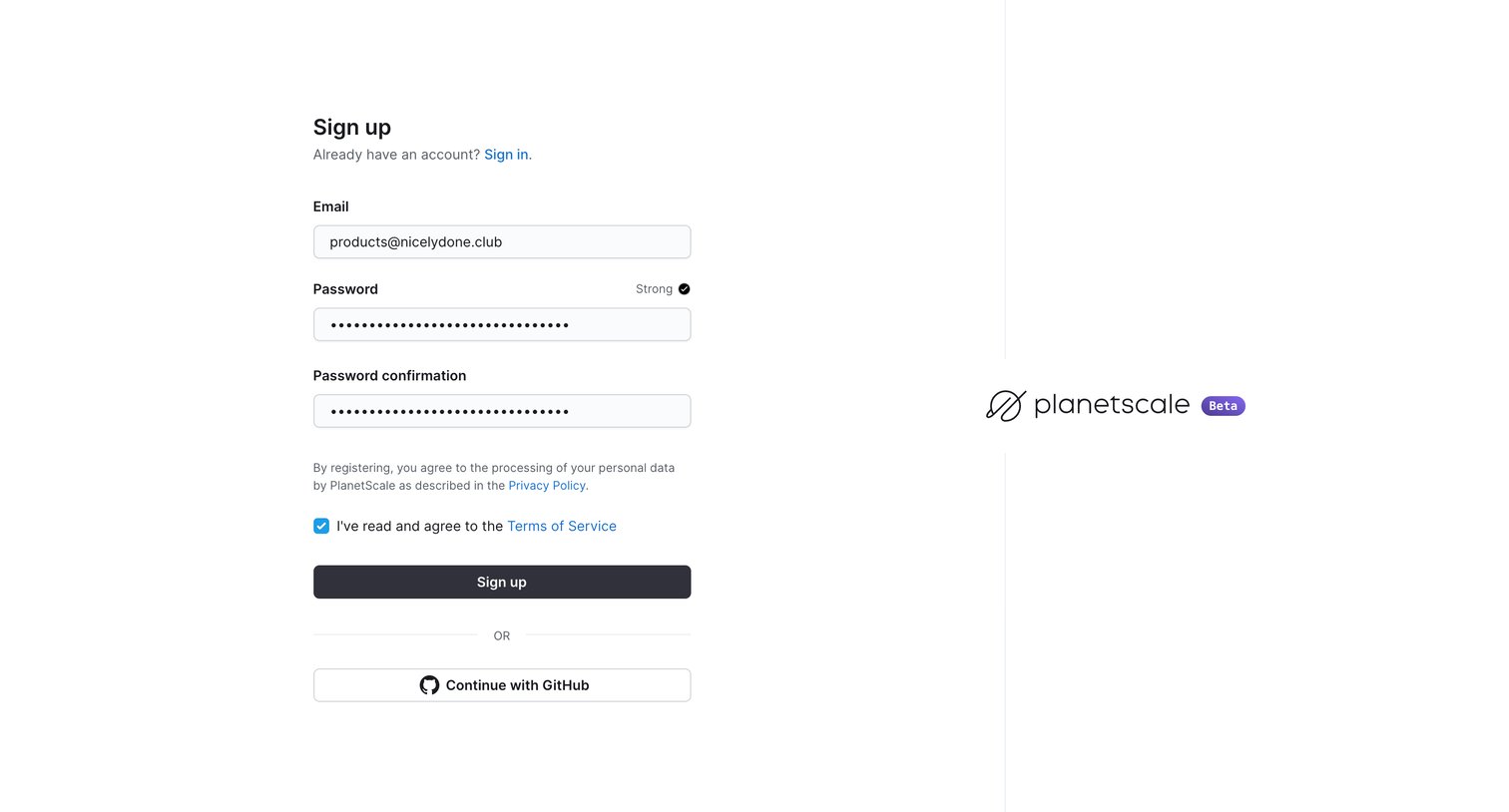 PlanetScale - Sign up - PlanetScale screen