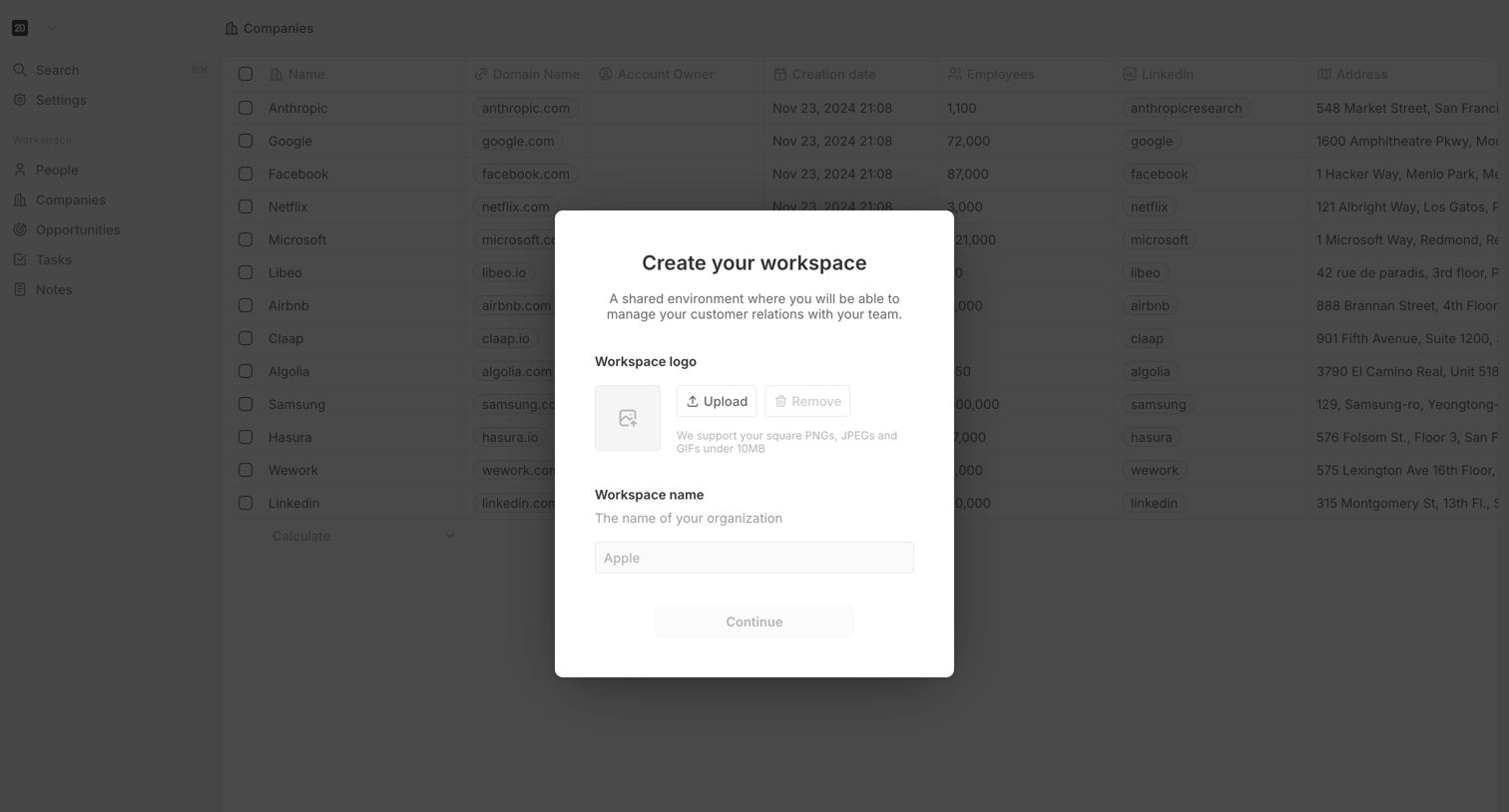 Twenty - Create Workspace screen