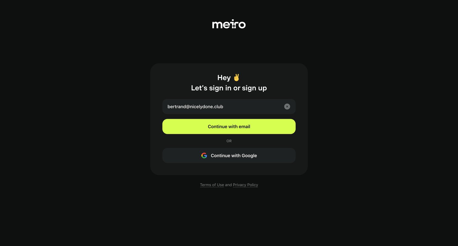 Meiro - Log in · Meiro screen
