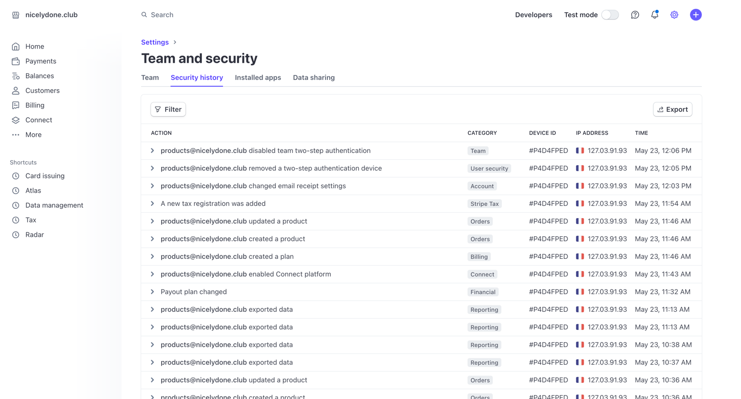 Stripe - Security history – nicelydone.club – Stripe screen