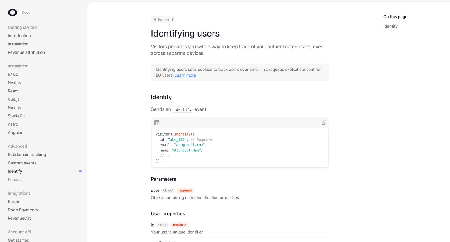 Visitors - Identify - Visitors docs screen