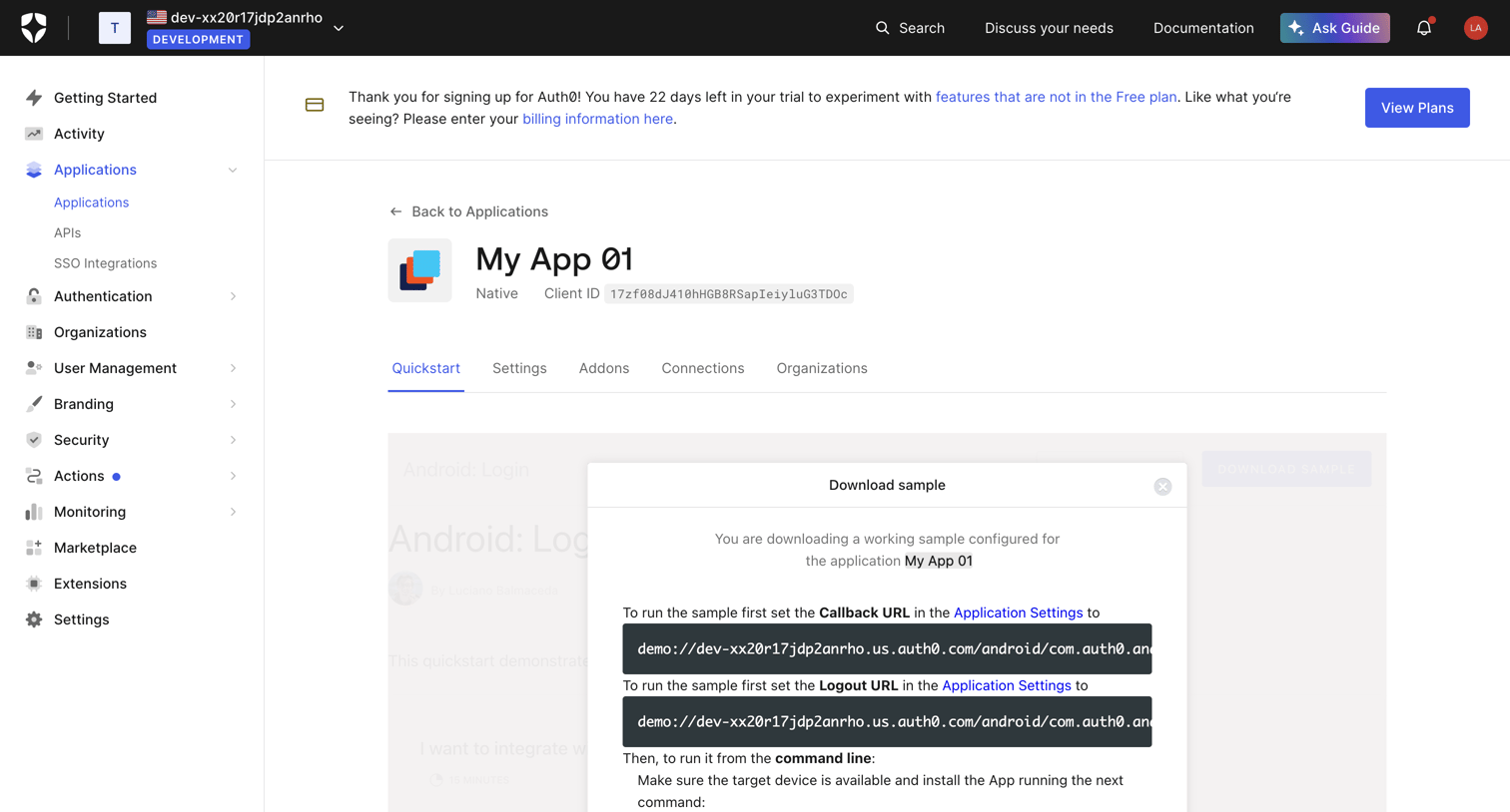 Auth0 - Application Details screen